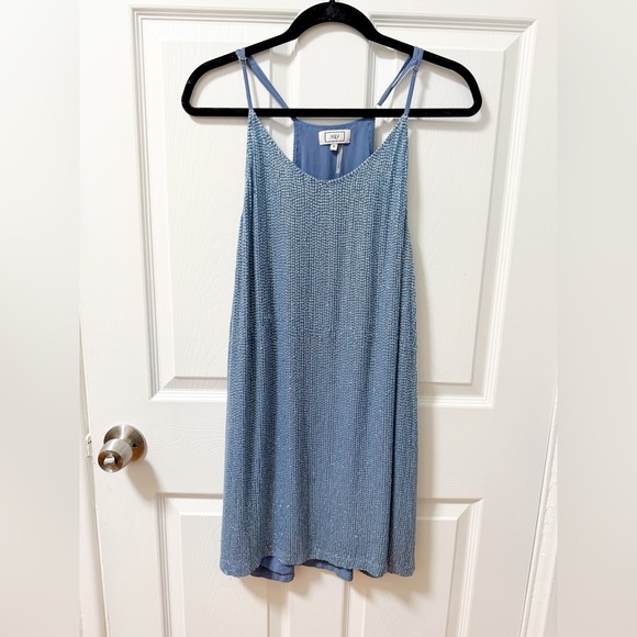 MLV sequin embellished light baby blue mini dress swing shift trapeze showgirl - Picture 1 of 14
